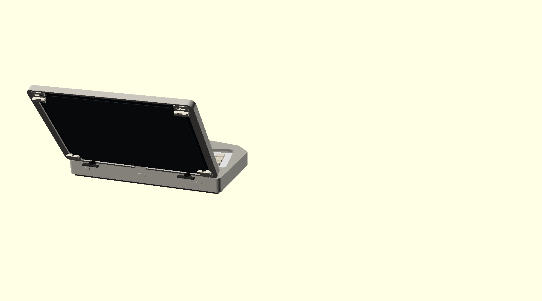 Side rendering showing the clamshell opening angle